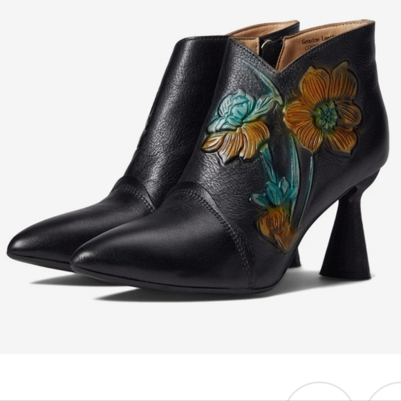 L'artiste Shoes - Black Leather Ankle Booties with Teal and Mustard Floral Detail